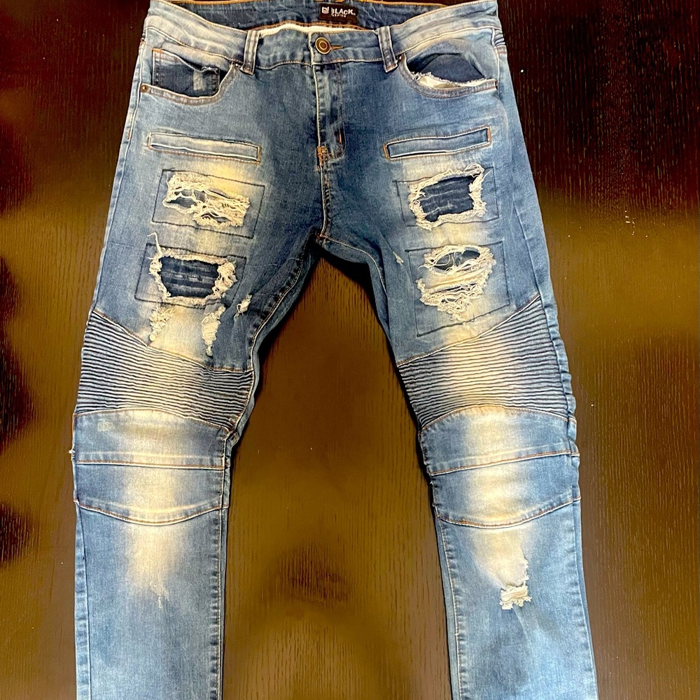 Men Black Premium Distress Blue Jean Denim Skinny Biker Pants